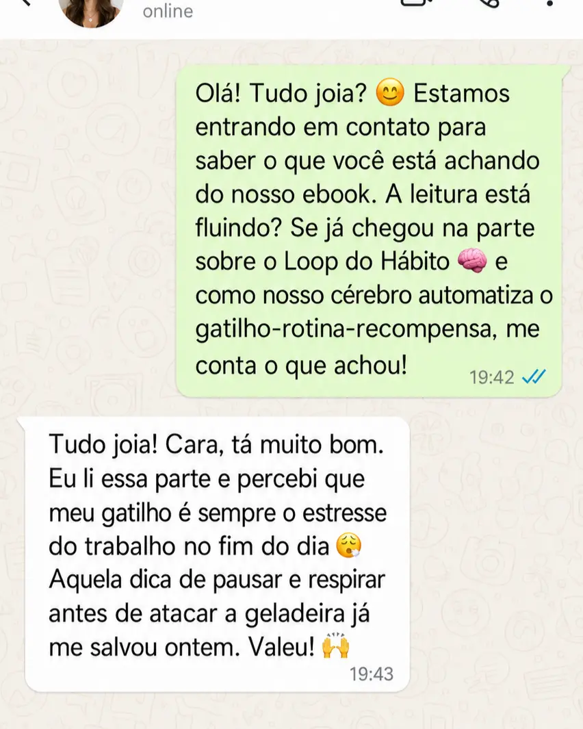 Conversa real em que uma leitora relata reconhecer o estresse do trabalho como gatilho